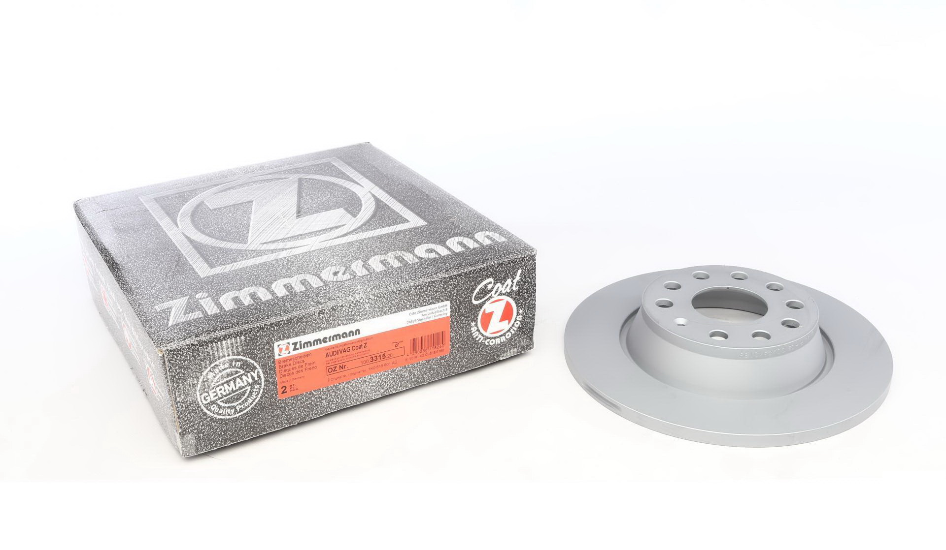 Диск тормозной задний Audi A3 / Skoda Octavia III / VW Golf / Passat 04-14 (282x12) (с покрыт.) (полный) ZIMMERMANN арт. 100331520
